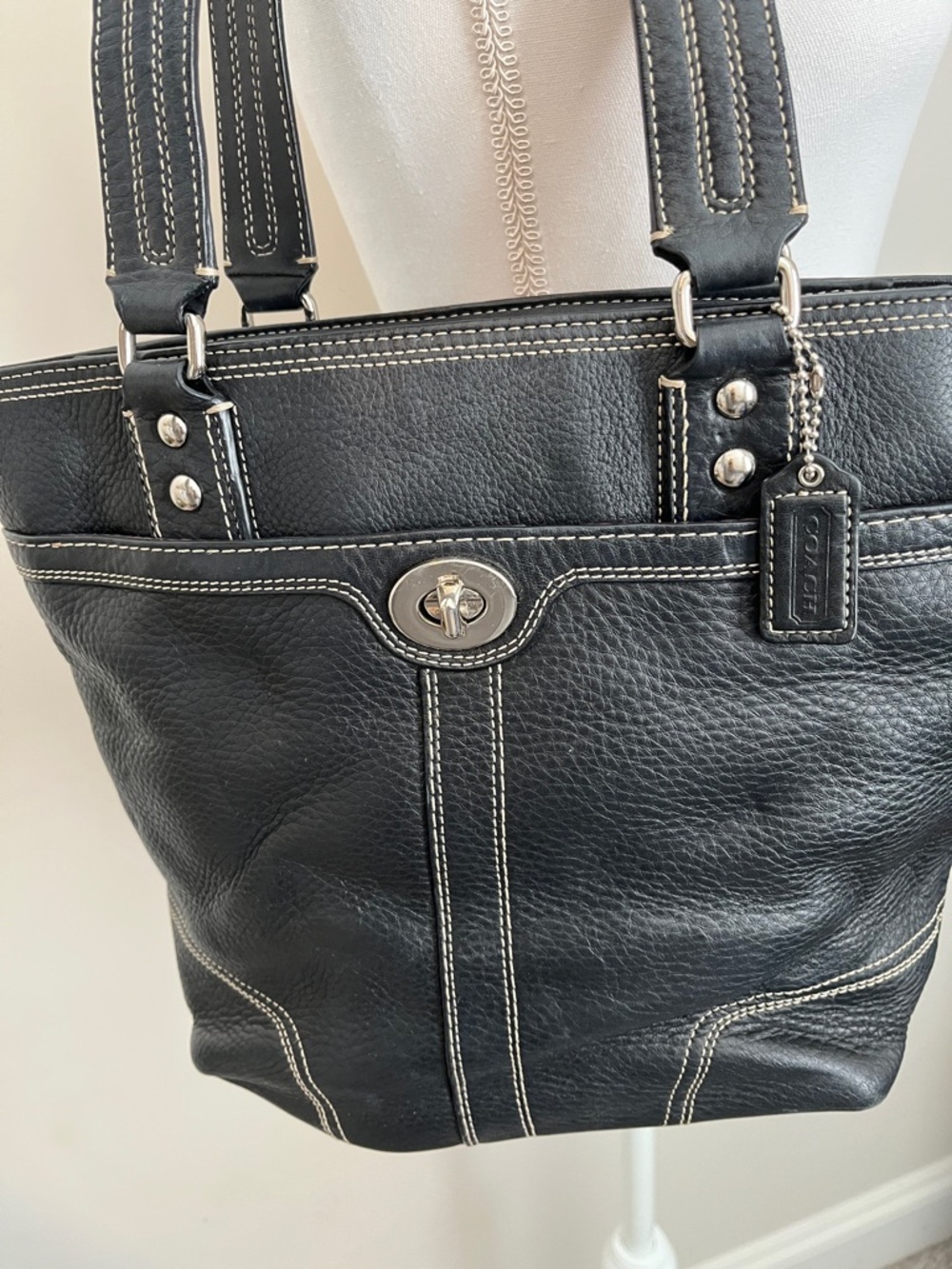 Coach Black Pebbled Leather Shoulder Tote with Cream Stitching